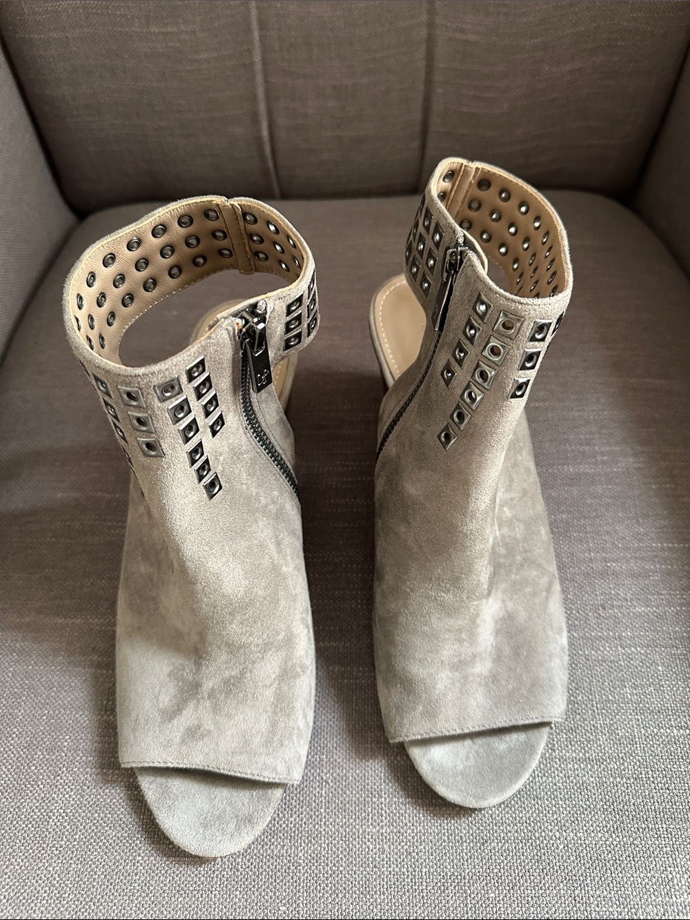 Donald J. Pliner Taupe Suede Studded Peep-Toe Mules